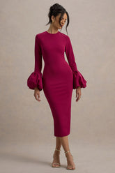 Celie | Mulberry Long-Sleeve Midi Dress With Puff Cuffs