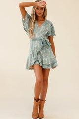 Cami Angel Sleeve Faux Wrap Dress Sage With Beige Lining