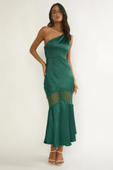 Avielle Lace Trim One-Shoulder Maxi Dress Forest Green
