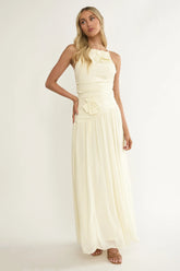 Brighten Drop Waist Flower Accent Maxi Dress Butter