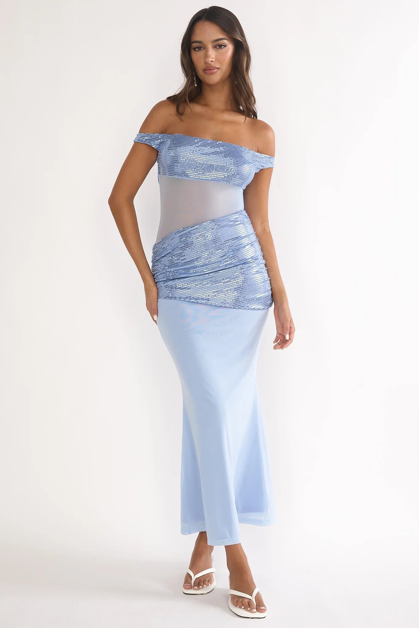 Bellora Off-Shoulder Sequin Trim Maxi Dress Blue