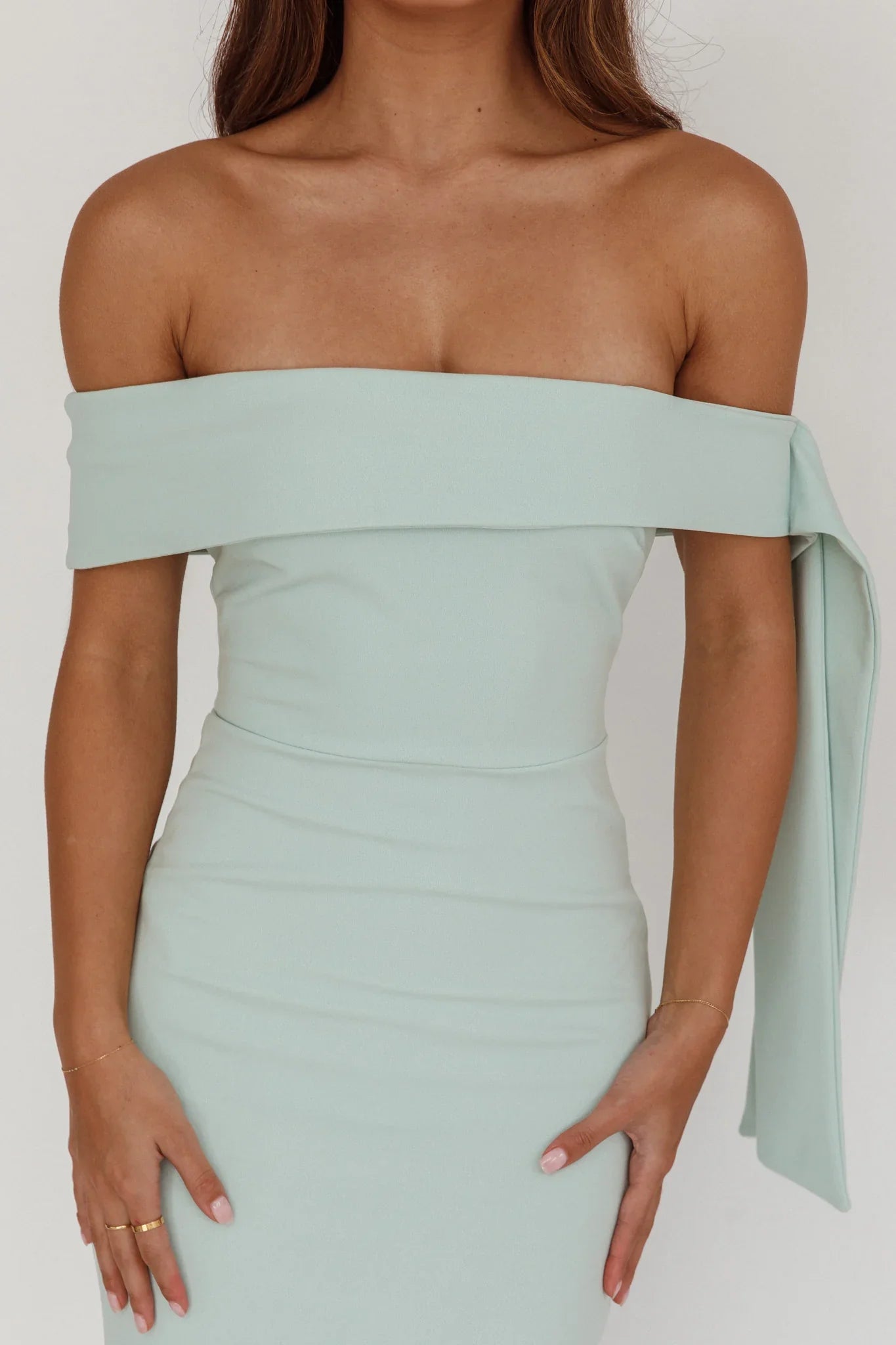 Aurora Sky Off-Shoulder Tie Maxi Dress Sage