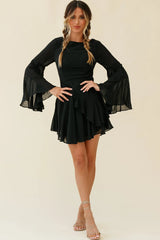 Carlini Flared Sleeve Boat Neckline Dress Black