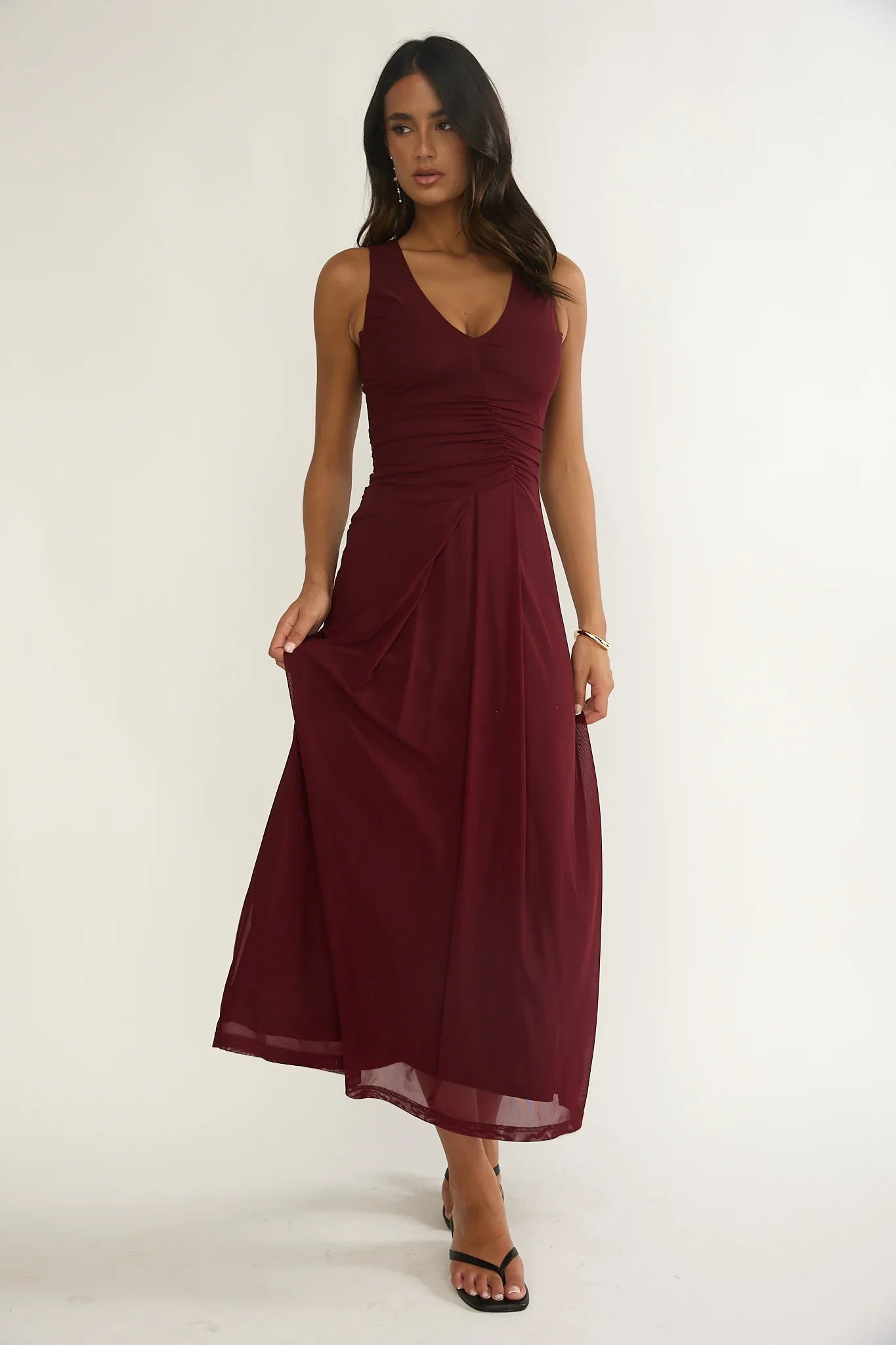 Cambrea Ruched Bodice Midi Dress Burgundy
