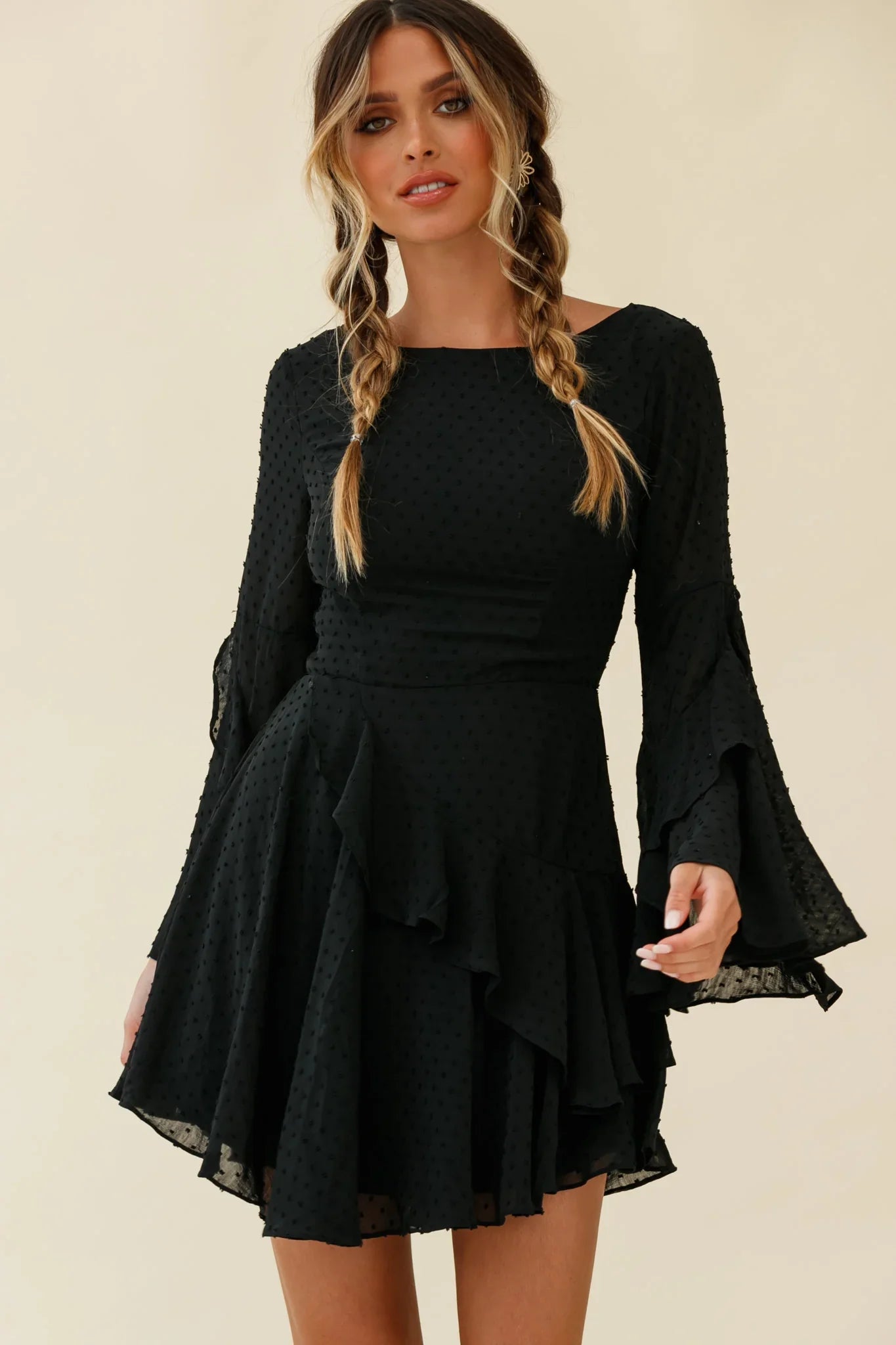 Carlini Flared Sleeve Boat Neckline Dress Black