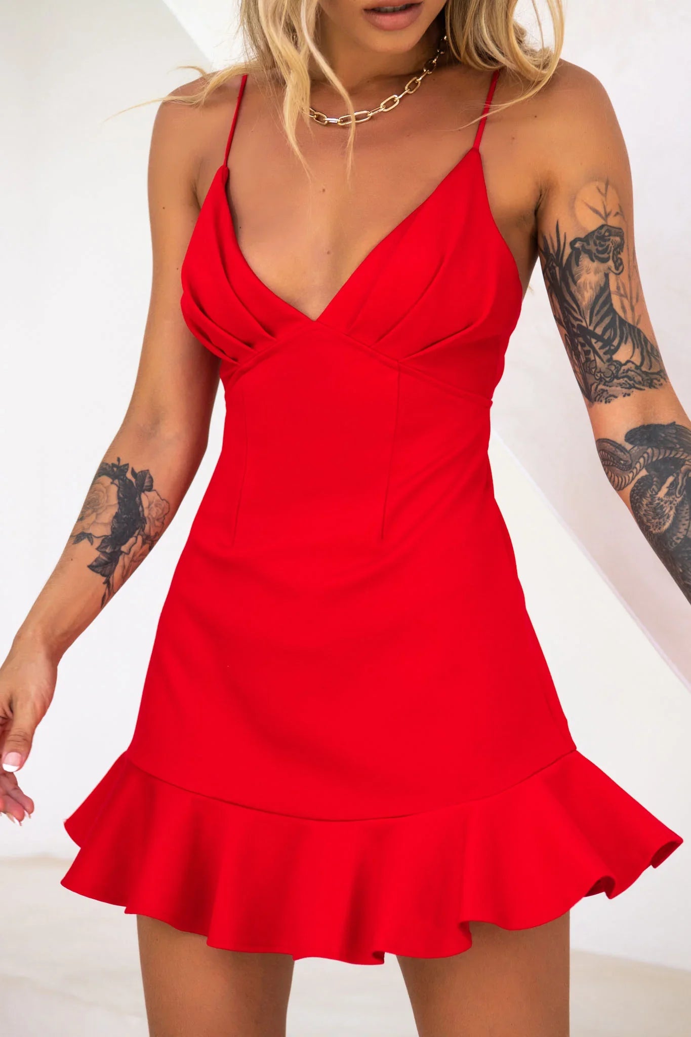 Chicago Pleated Bust Cami Strap Dress Red