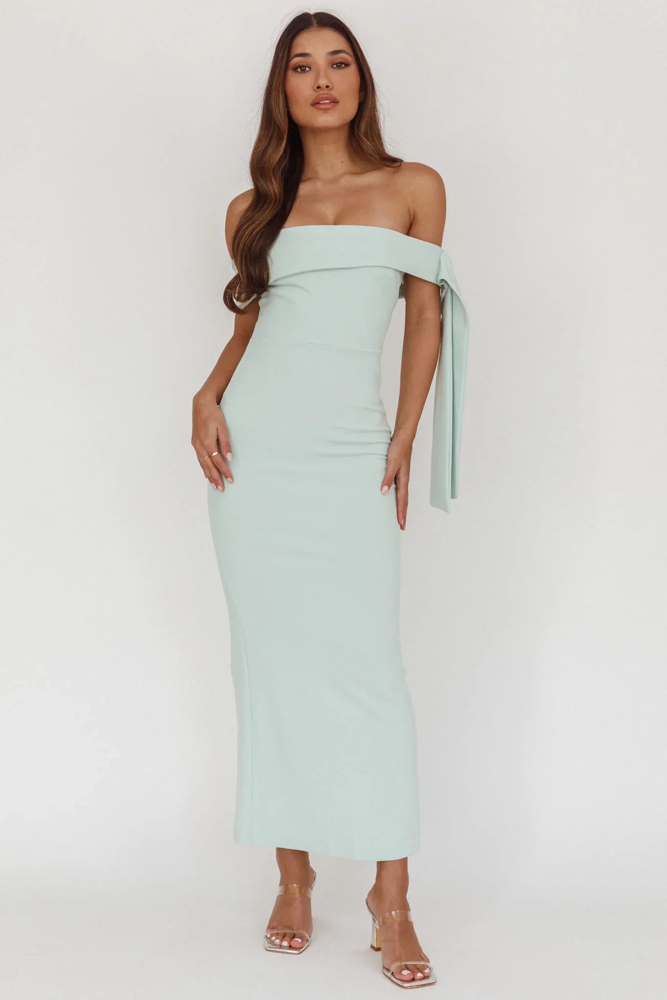 Aurora Sky Off-Shoulder Tie Maxi Dress Sage
