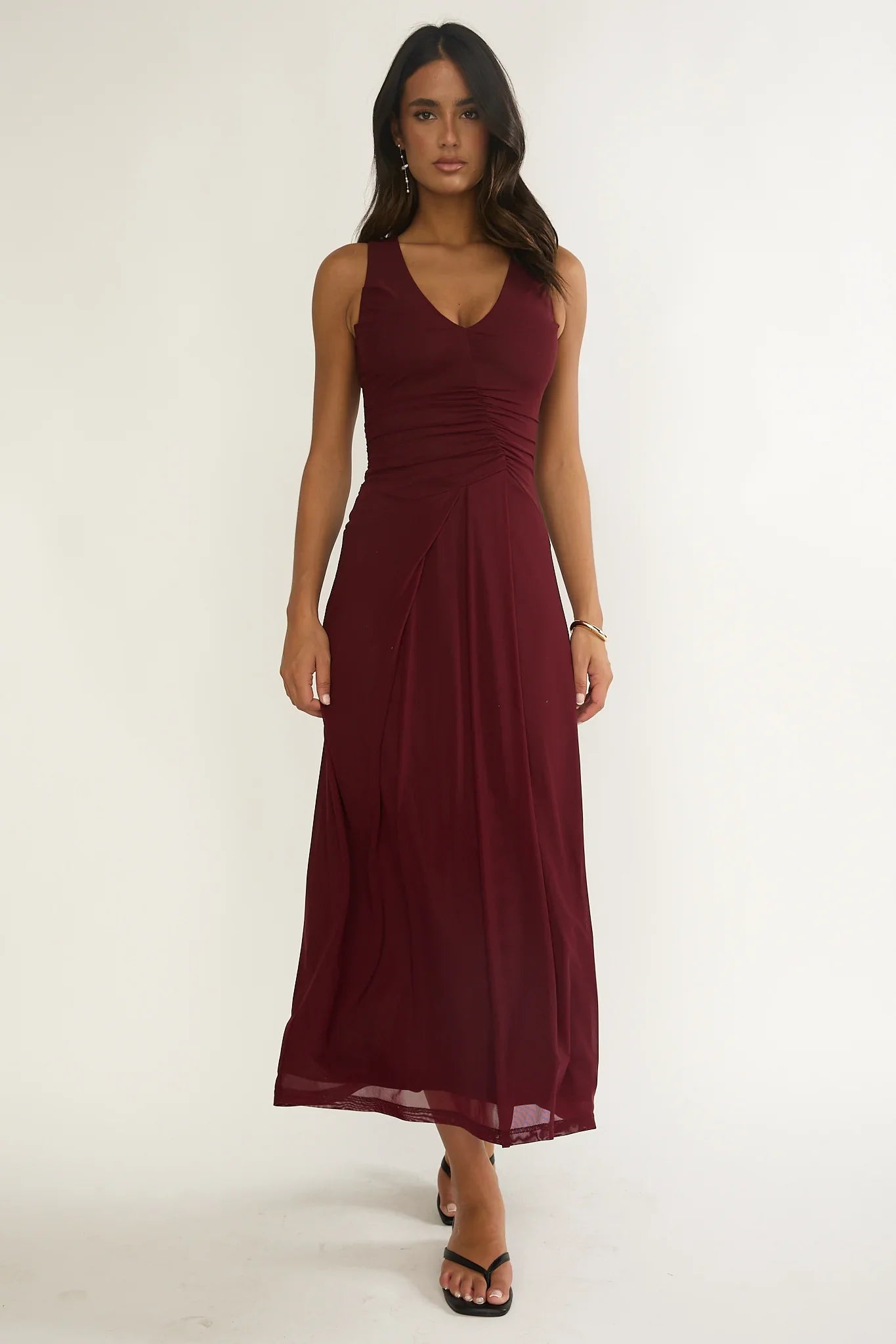 Cambrea Ruched Bodice Midi Dress Burgundy