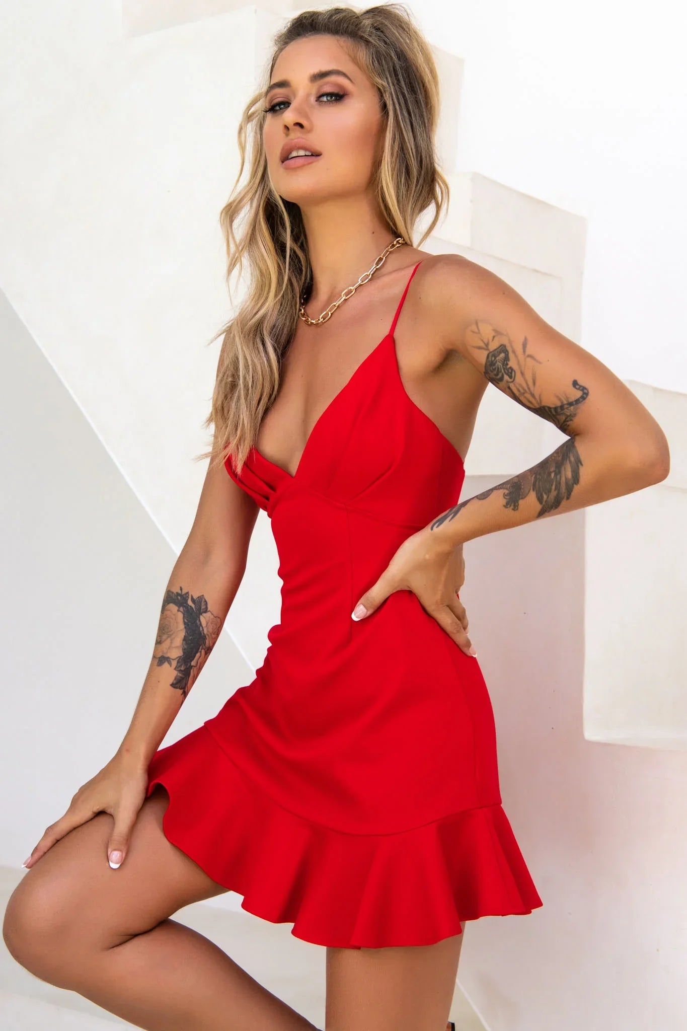 Chicago Pleated Bust Cami Strap Dress Red