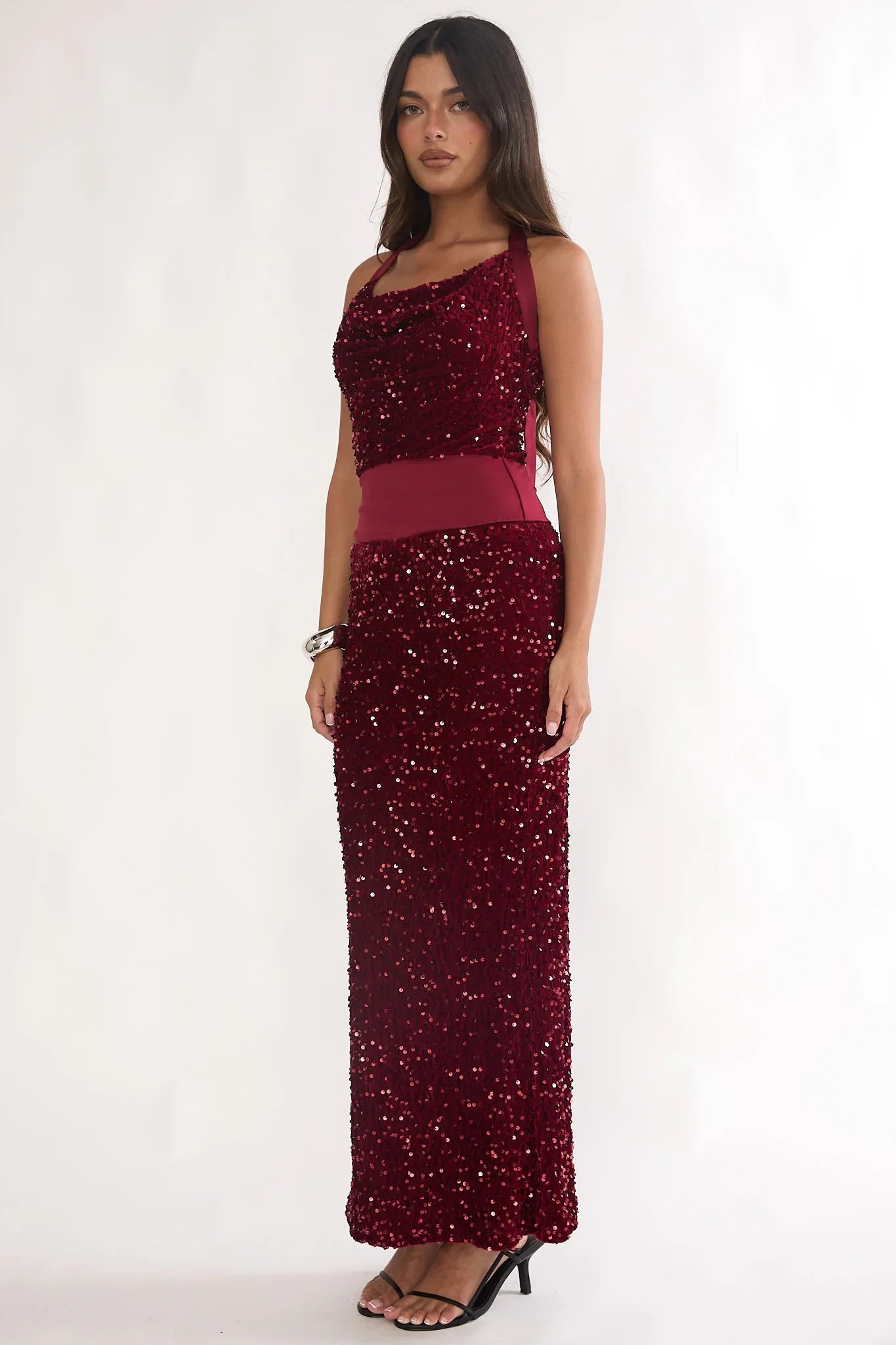 Cabernet Halter Maxi Dress Wine Sequin Wine
