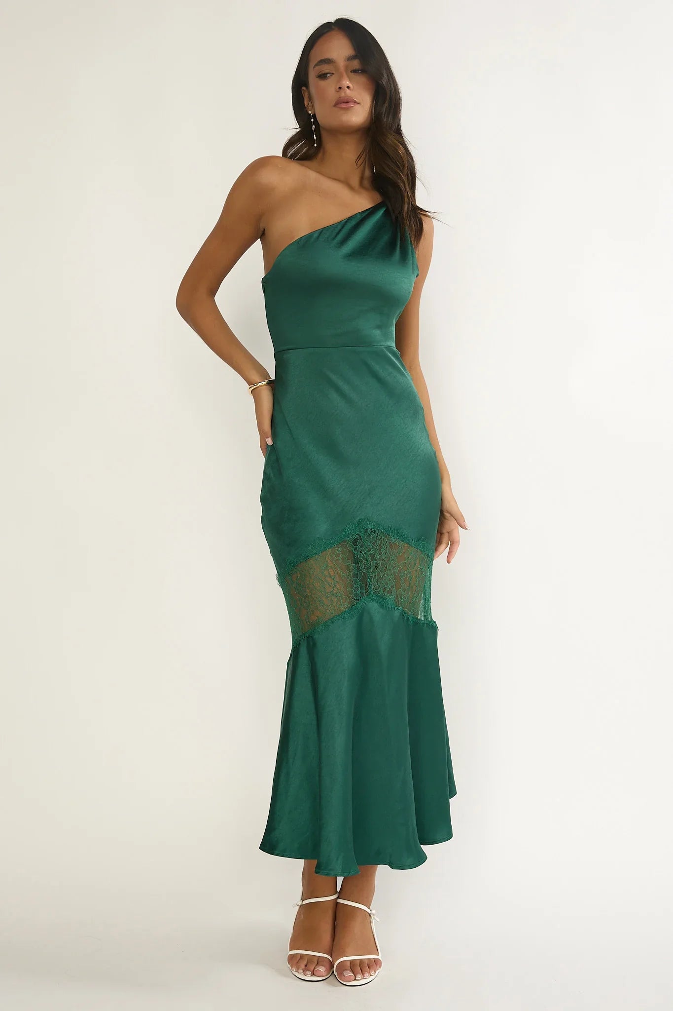 Avielle Lace Trim One-Shoulder Maxi Dress Forest Green