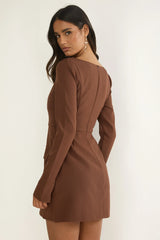 Calenne Long Sleeve Faux Pocket Mini Dress Coffee