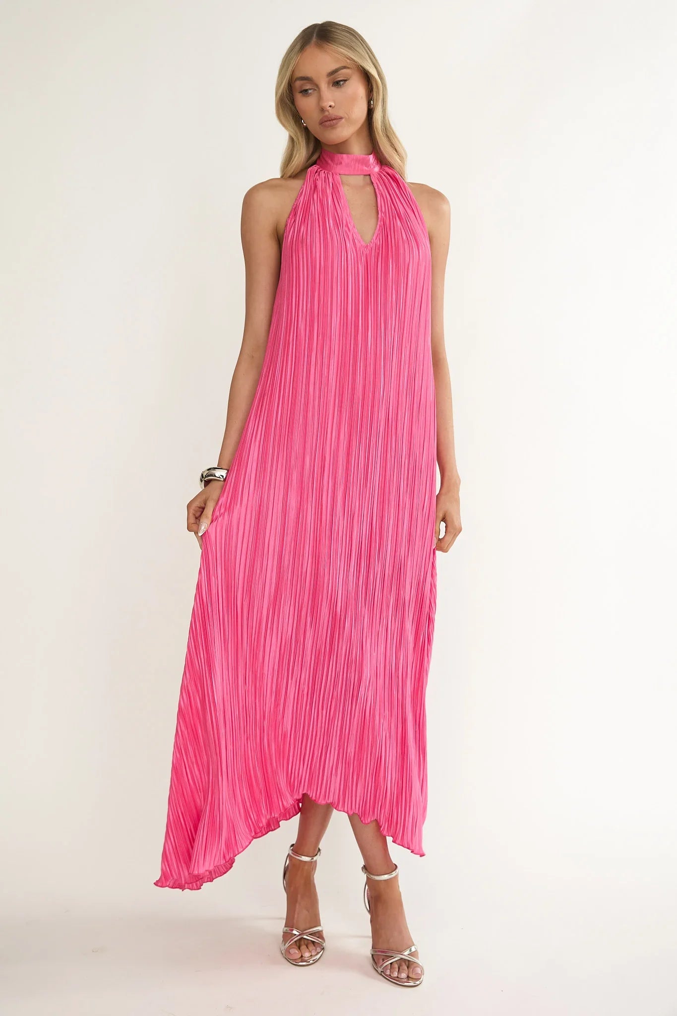 Aurea Halterneck Crepe Maxi Dress Hot Pink