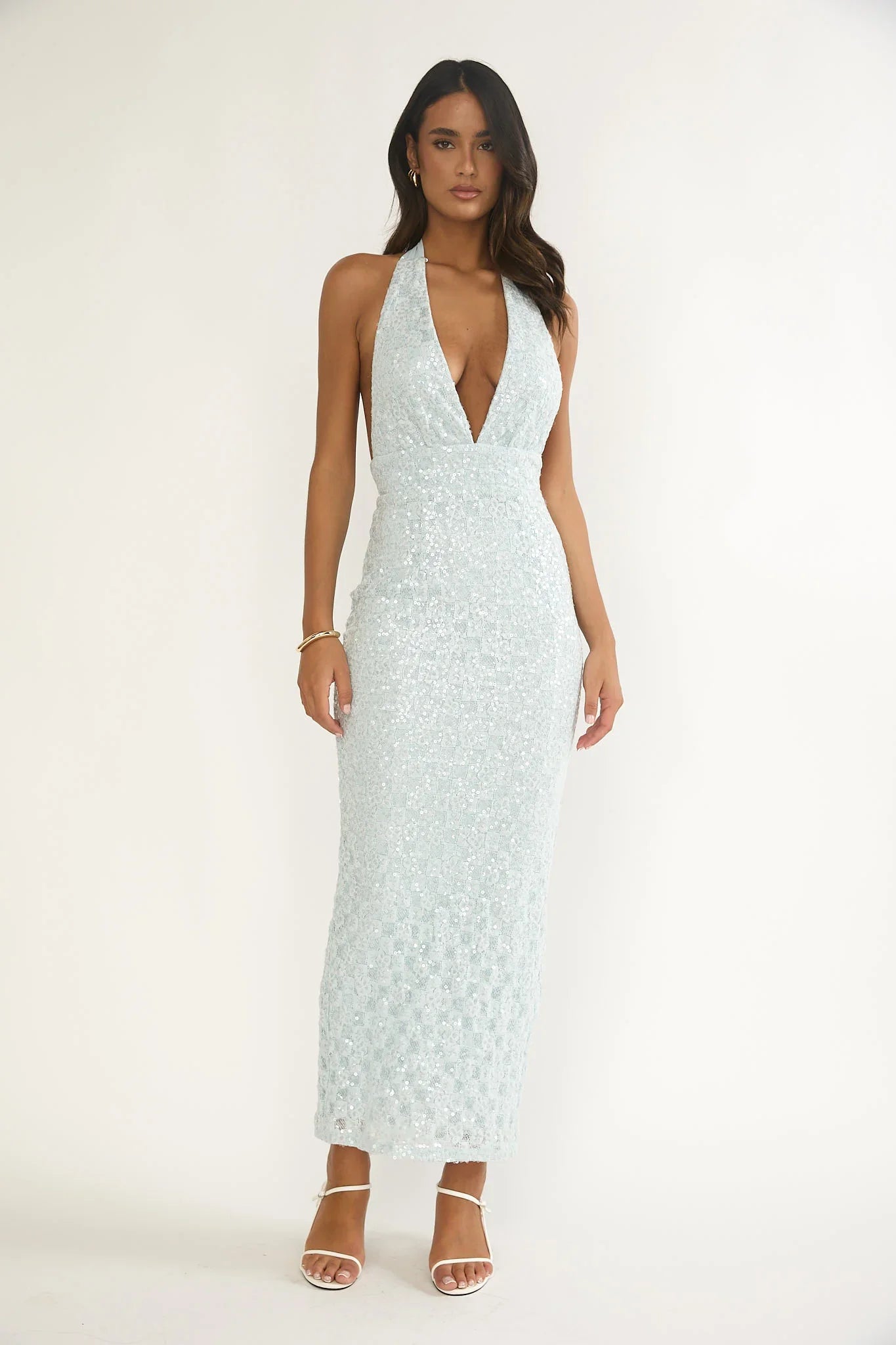 Cipriana Backless Halter Maxi Dress Sequin Blue