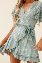 Cami Angel Sleeve Faux Wrap Dress Sage With Beige Lining