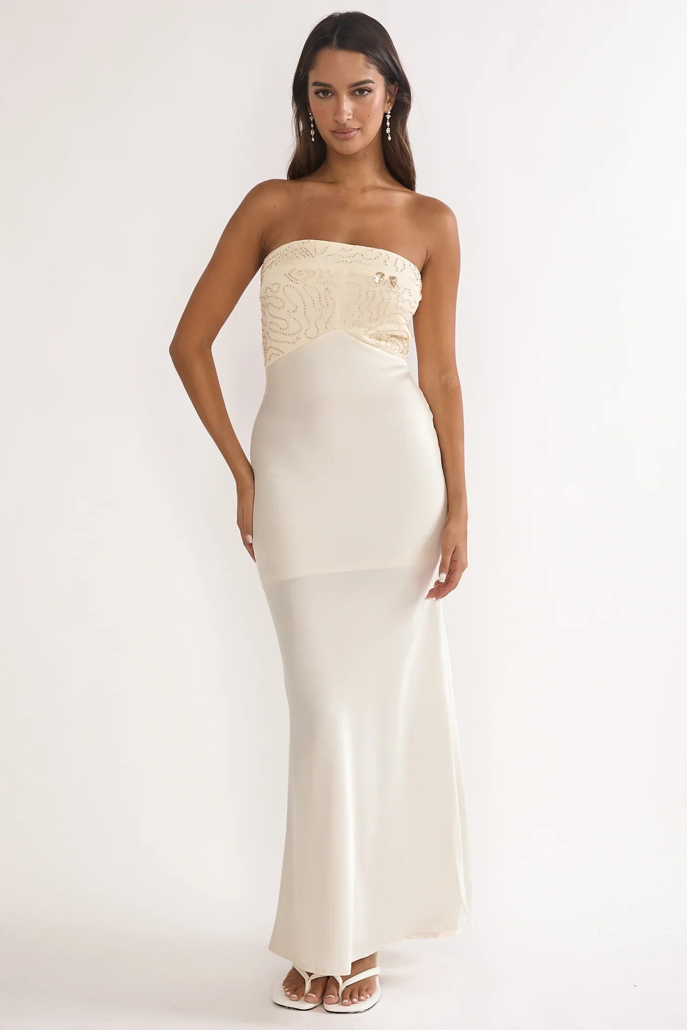 At Dusk Beaded Bust Strapless Maxi Dress Oyster