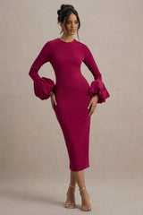 Celie | Mulberry Long-Sleeve Midi Dress With Puff Cuffs