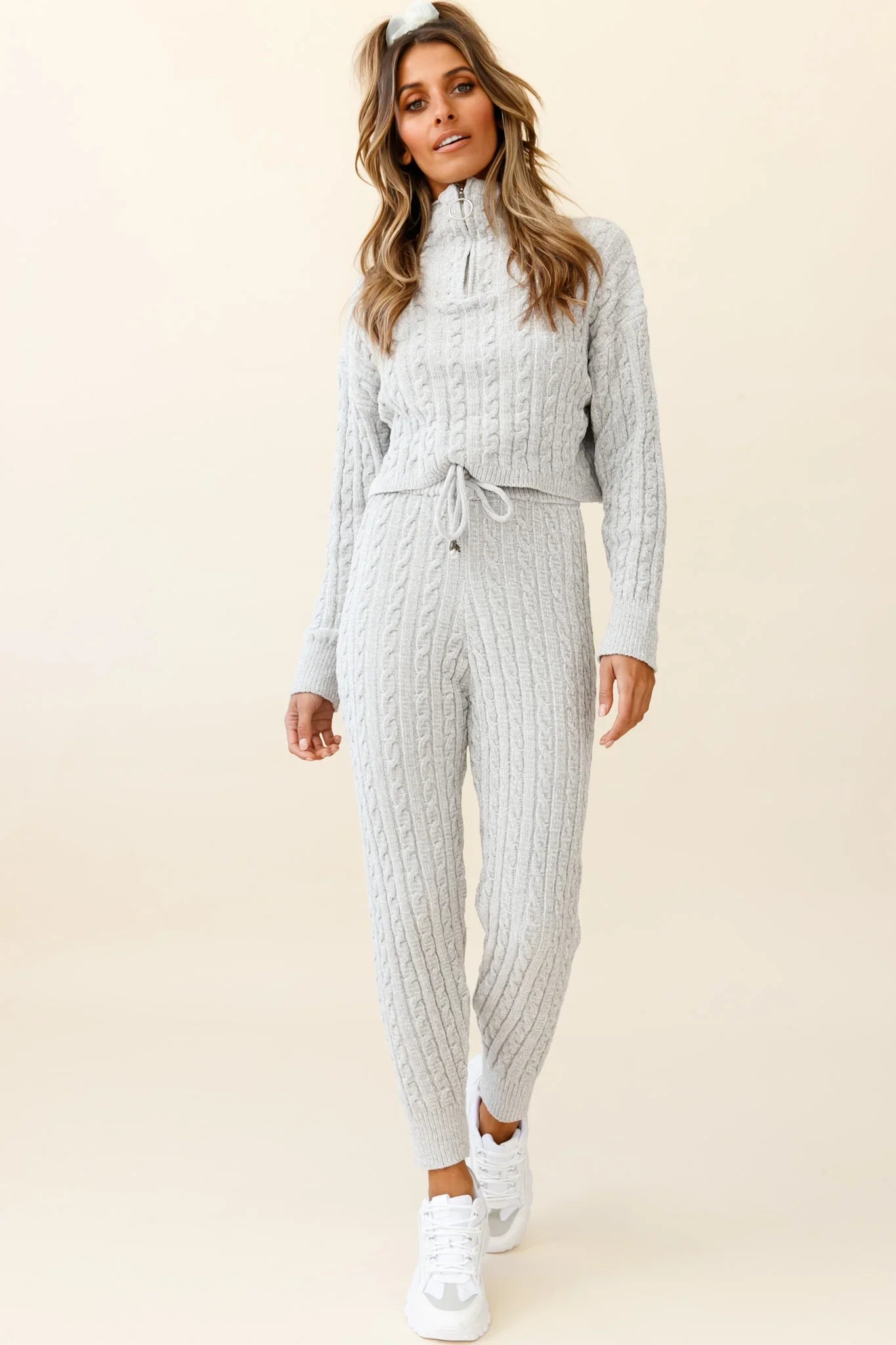 Breckenridge O-ring Zipper Cable Knit Sweater Grey