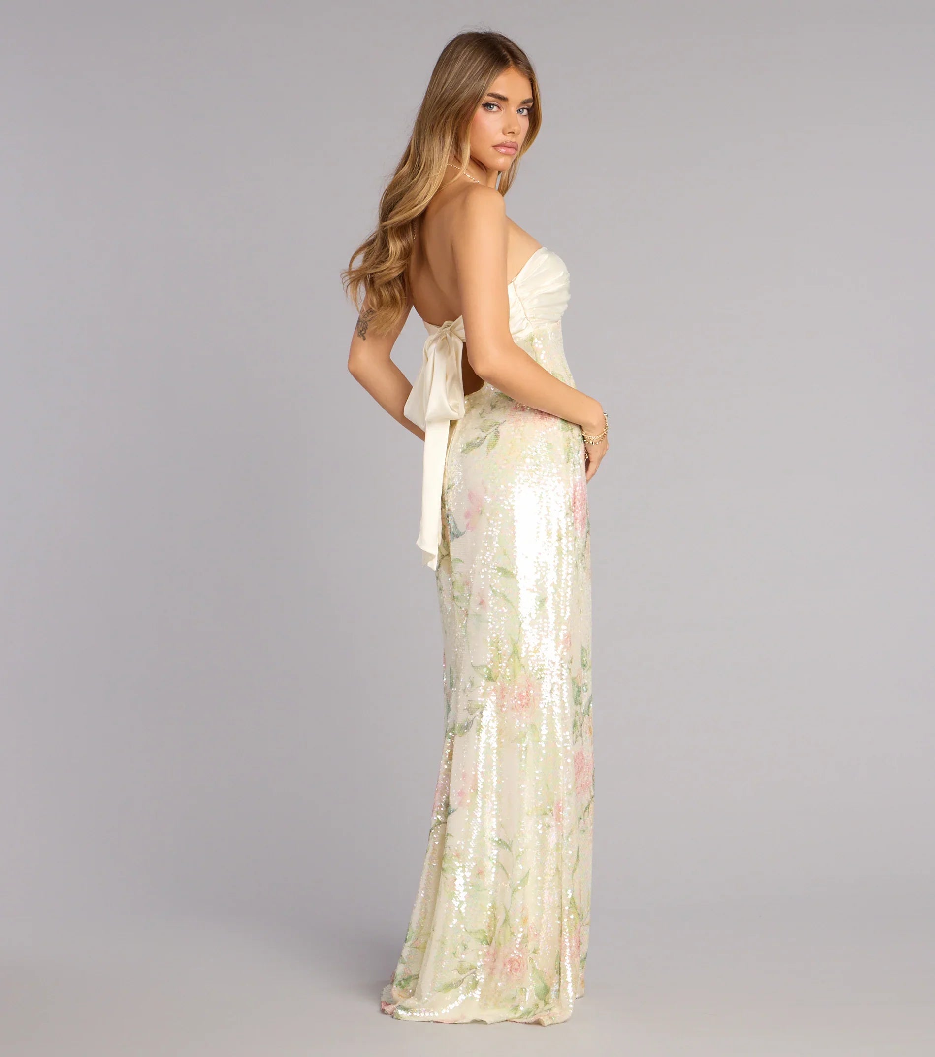 Angelina Satin Tie-Back Floral Sequin Formal Dress